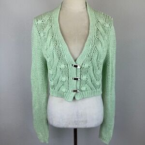 Twin Set Knit Cropped Cardigan Sweater Cable Green Silver Clasp Long Sleeve Gem‎